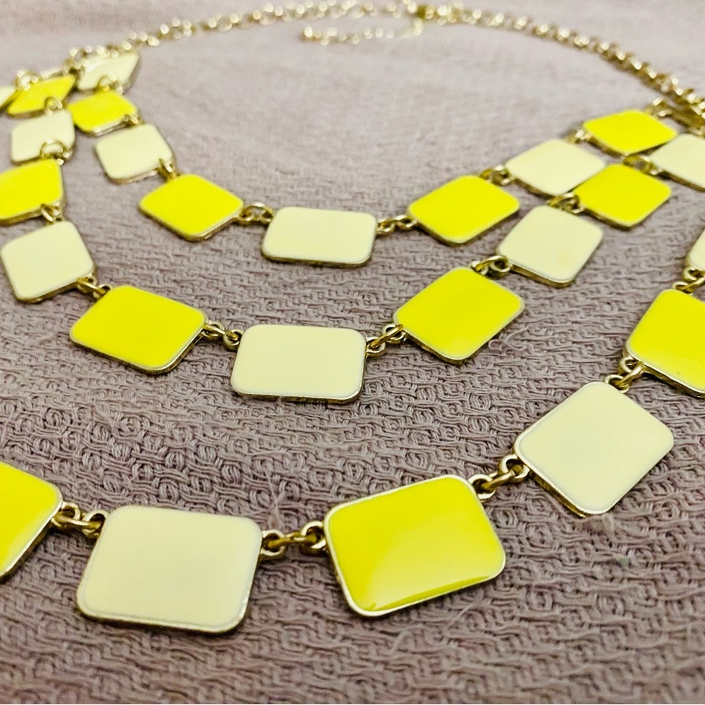 Two Tone Yellow Enamel Necklace, Three Strands, 22” L